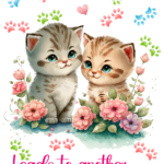 Illustration of two kittens among flowers with paw prints, hearts, and soft text