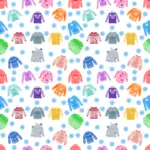 Repeating pattern of colorful sweaters with polka dots and animal faces on white background
