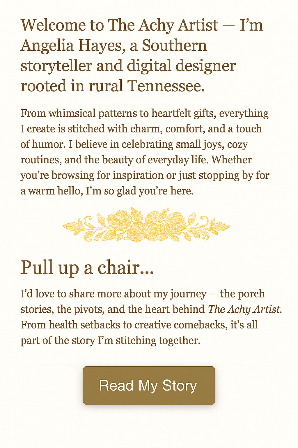 Homepage welcome image for The Achy Artist, featuring warm serif text, floral artwork, and a cozy introduction by Angelia Hayes