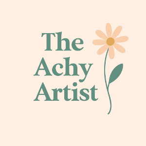 The Achy Artist logo with muted green serif text and a peach-petaled flower illustration