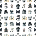 Watercolor holiday pattern with snowmen, gifts, mugs, bows, and winter-themed icons in muted tones