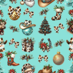 Christmas pattern with cowboy boots, Santa hats, reindeer, ornaments, and leopard print accents on light blue