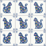 Grid of decorative tiles featuring floral-patterned cats with one unique puffing cat in the center