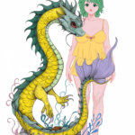 Fantasy illustration of green-haired character beside a serpentine dragon with vivid colors