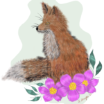 llustration of a reddish-brown fox with pink flowers and soft green background