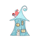 Cartoon-style whimsical house with curved blue roof and pink bird on chimney