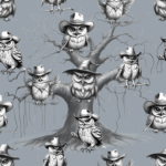 Whimsical illustration of owls in cowboy hats perched on a leafless tree