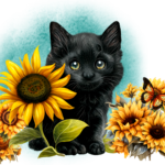 Black kitten with yellow eyes sitting among sunflowers and butterflies on teal background