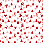 Red plaid Christmas icons pattern with reindeer, trees, snowflakes, and bells on white background