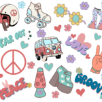 Retro-themed collage with peace signs, roller skates, rainbow van, lava lamp, and 70s phrases