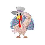 Cartoon-style turkey with colorful tail and top hat waving