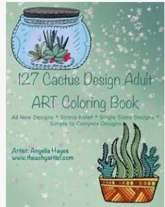 Book cover featuring a collection of detailed cactus illustrations on a soft gradient background, styled for an adult coloring book focused on desert plants and botanical designs.