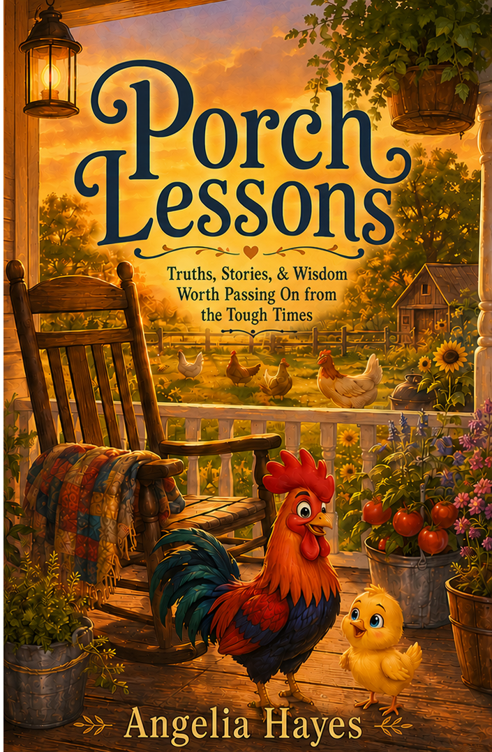 Book cover for Porch Lessons: Truths, Stories, & Wisdom Worth Passing On from the Tough Times by Angelia Hayes. The artwork shows a warm porch scene at sunset with Chester and Penny the chickens sitting in their usual spots. The porch, garden, and sky are calm and colorful, giving the cover a cozy Southern feel.