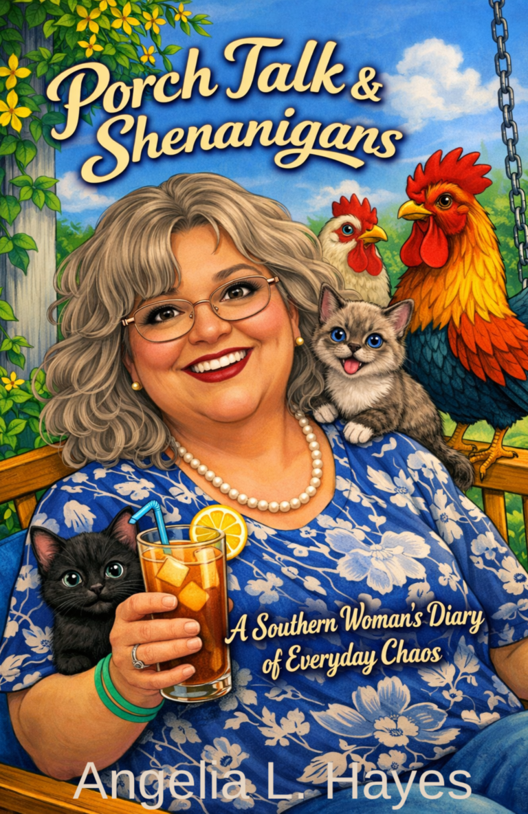 “Book cover for Porch Talk & Shenanigans featuring a warm, rustic porch scene with casual Southern charm. The title is displayed in bold, playful lettering, suggesting humor, storytelling, and everyday life moments.
